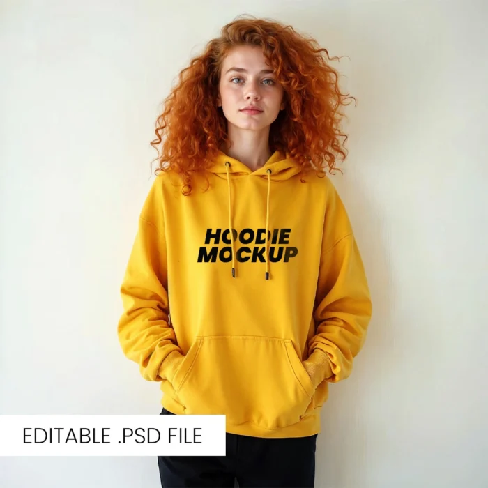 Curly-haired girl in yellow hoodie mockup, ideal for presenting modern streetwear and apparel branding designs.