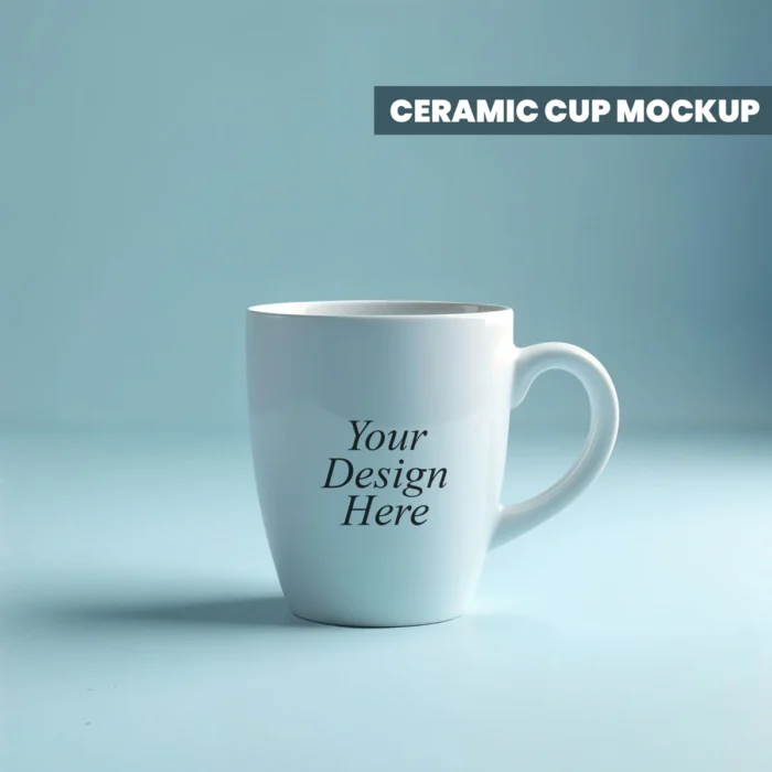 Ceramic cup mockup showcasing customizable design on a polished surface.