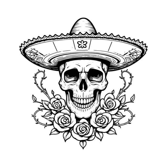 Sugar skull tattoo vector art with floral and Mexican Day of the Dead details.