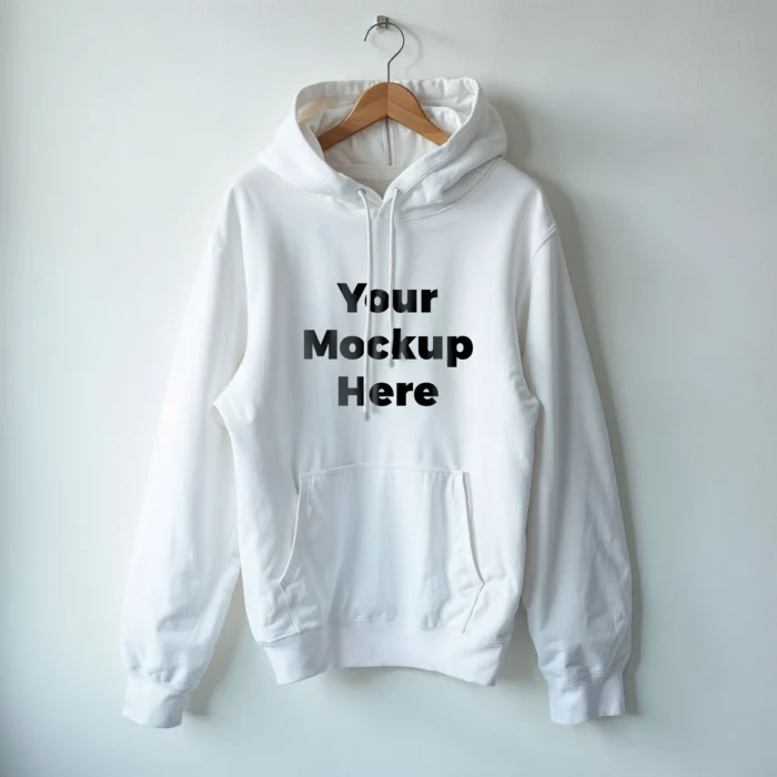 White hoodie mockup hanging on wooden hanger, front view.