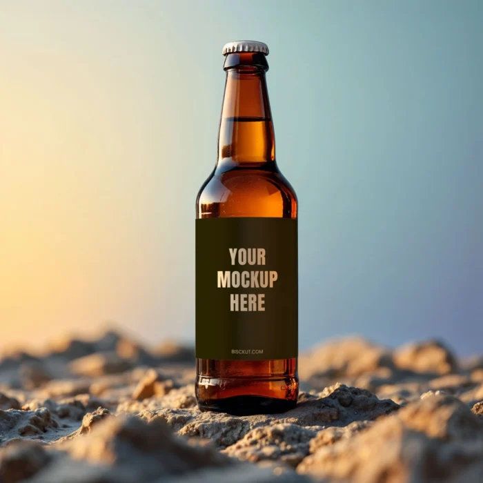 Realistic beer bottle mockup with customizable label and packaging design.