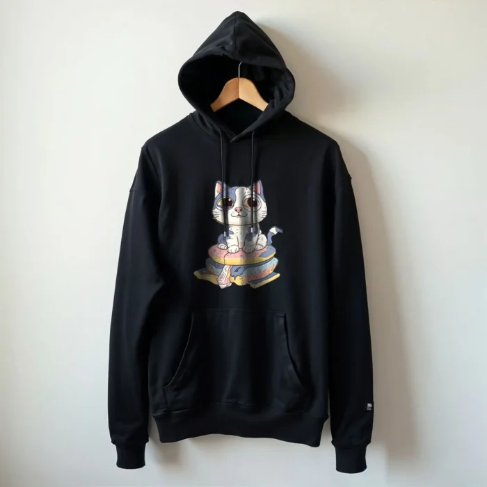 Black hoodie on hanger mockup with editable PSD for showcasing custom apparel designs.