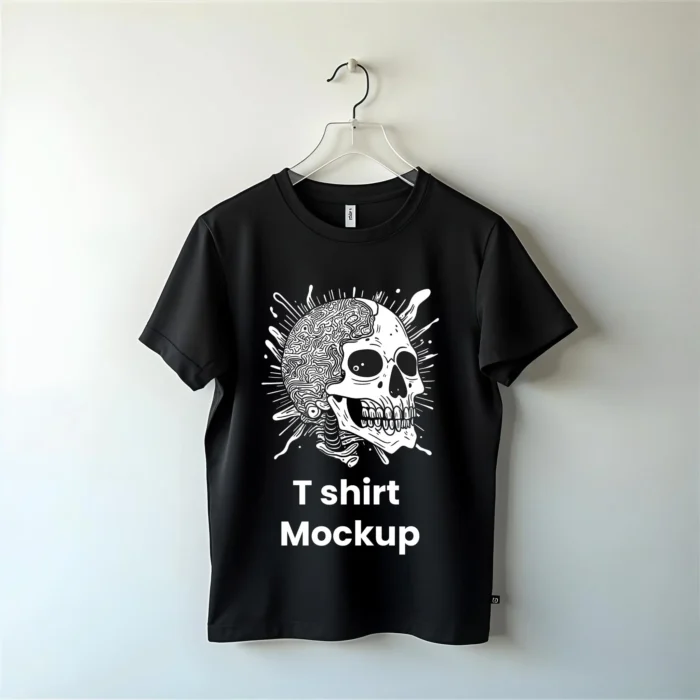 Black T-shirt mockup for Photoshop with editable design area and realistic fabric texture for branding and apparel design.