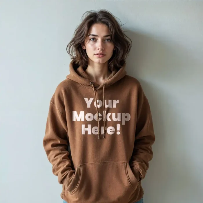 Female wearing a brown hoodie mockup with realistic details and customizable design space.