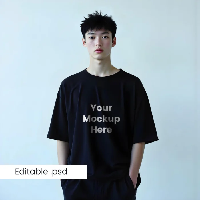 Korean Guy Black T-Shirt Mockup