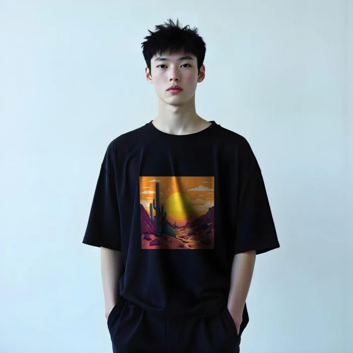 Korean male model wearing black t-shirt mockup for showcasing apparel designs in PSD format.