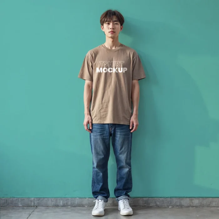 Korean guy wearing a brown t-shirt mockup showcasing apparel design.