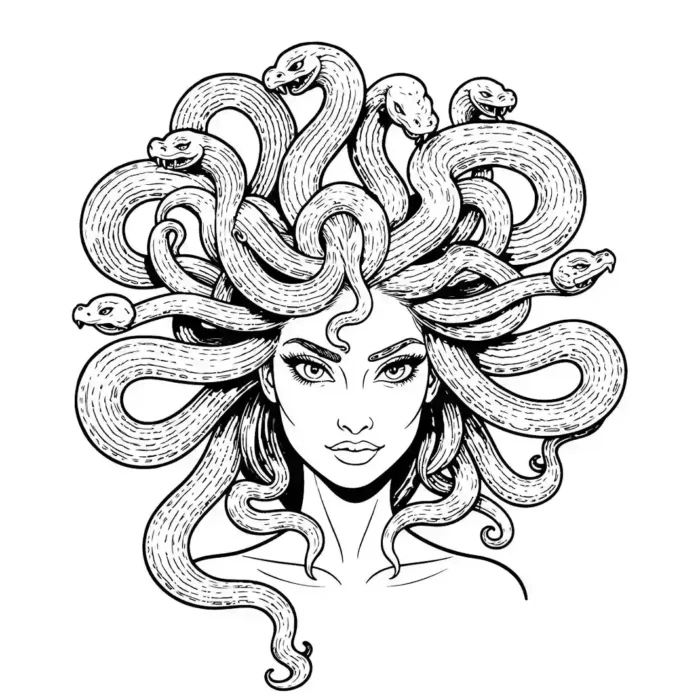 Medusa tattoo line art with snake hair in editable vector format for tattoos and art projects.