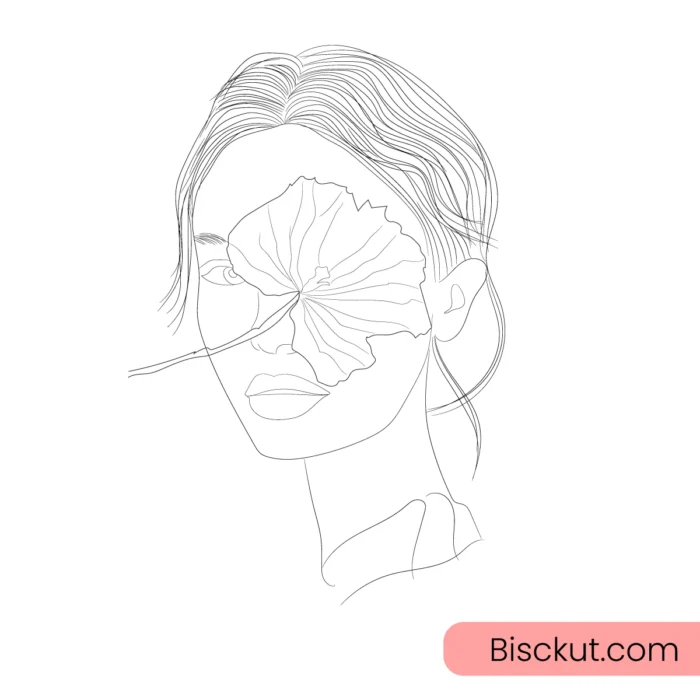 Minimal woman face line art with leaf for elegant branding, posters, and design use.