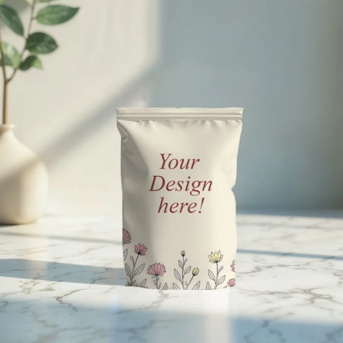 Realistic food packet mockup displaying custom packaging design on a clean, high-resolution background.