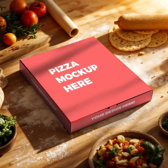 Realistic pizza box mockup showcasing branding and packaging designs.