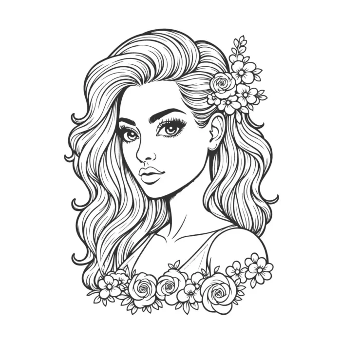 Psychedelic woman line art with bold patterns, perfect for modern designs. Editable AI & EPS.