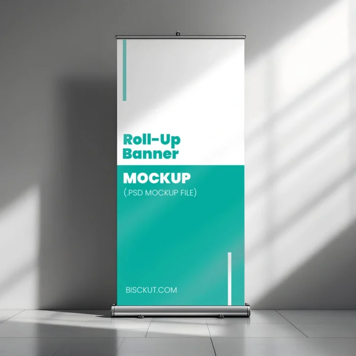 Realistic Roll-Up Banner Mockup showcasing customizable design in an event setting.