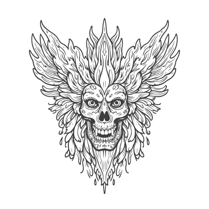 Psychedelic skull tattoo line art with floral and abstract patterns in editable vector format.