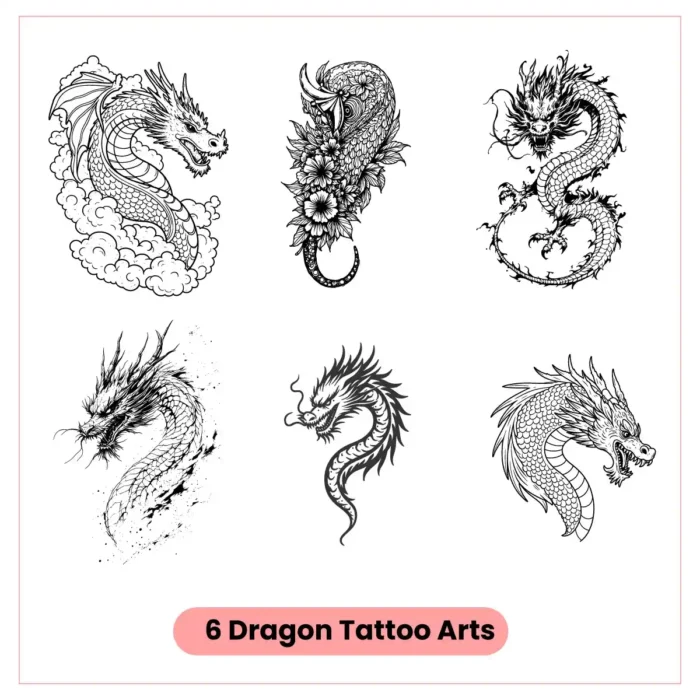 Intricate dragon tattoo line art collection in minimalist vector style.