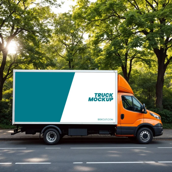 Realistic food truck mockup showcasing customizable branding design on a vibrant food truck.