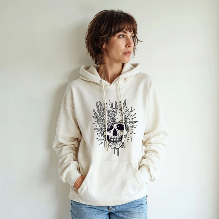 Short-haired girl wearing a white hoodie mockup for apparel design presentation.