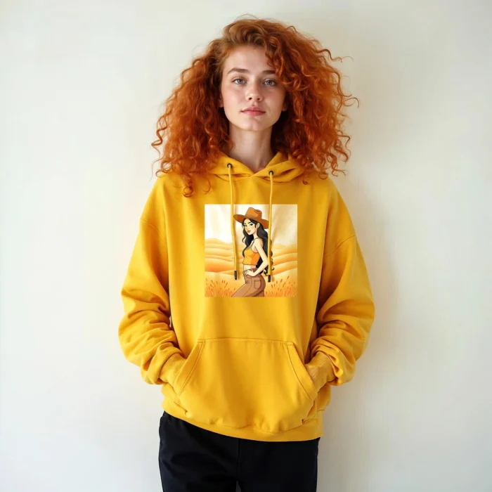 Curly hair Girl wearing yellow hoodie mockup - Image 2