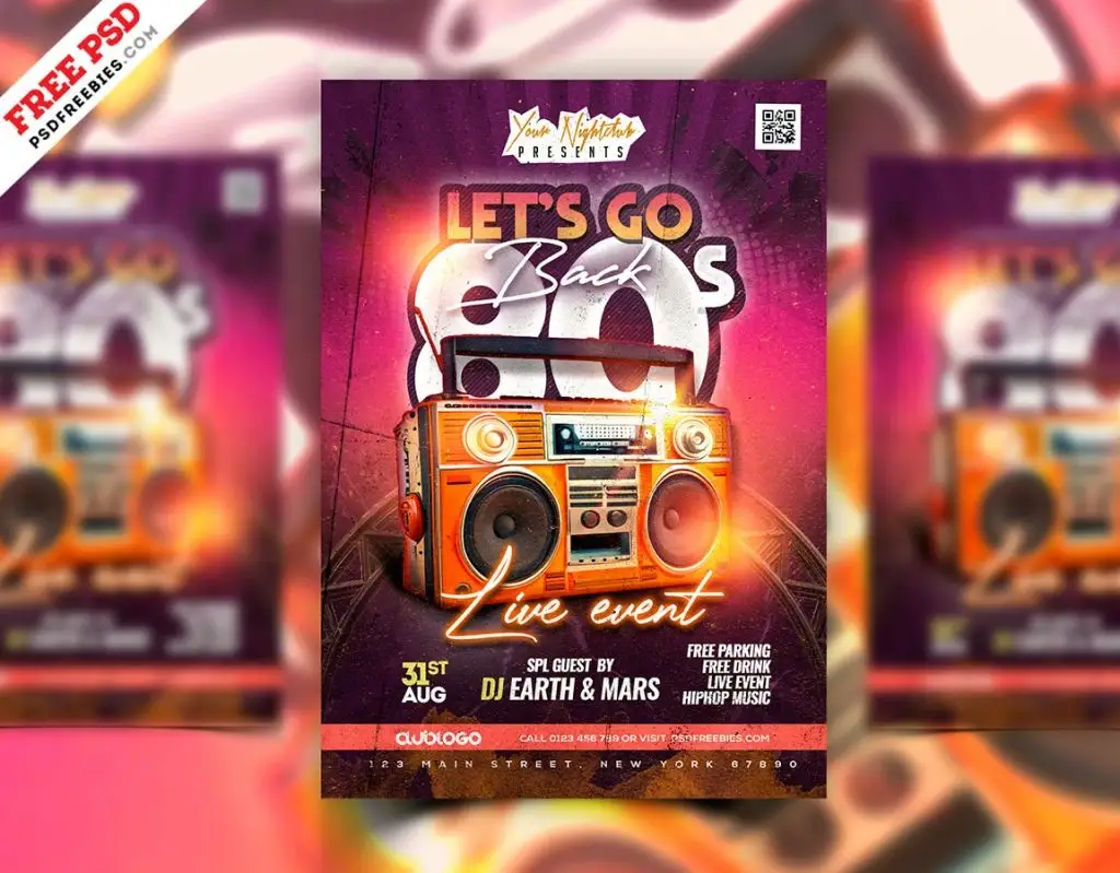 Retro 80's party flyer design in editable PSD, perfect for vintage events, themed parties, and nostalgic promotions.
