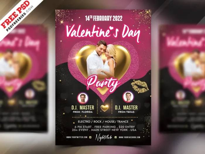 Valentine’s Day flyer with heart-shaped design featuring a couple, perfect for romantic event promotions