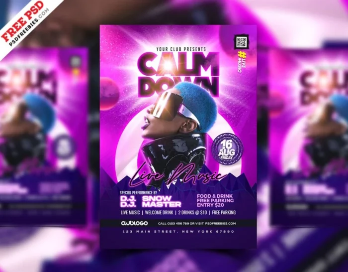 Purple themed Music Party Night Club Flyer Template with glowing elements, perfect for vibrant event promotions.