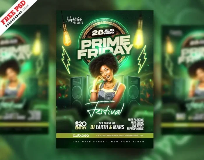 Night Party Flyer Template PSD with DJ elements and glowing effects, ideal for event promotion.