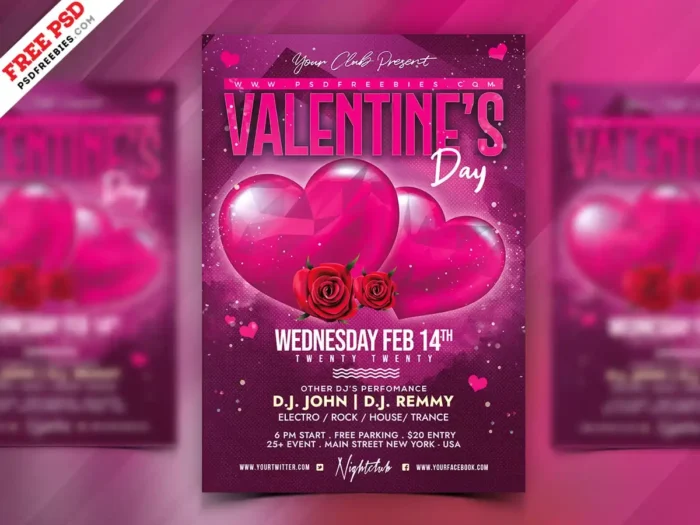 Valentine’s Day Flyer PSD template with romantic design, perfect for promoting events and celebrations