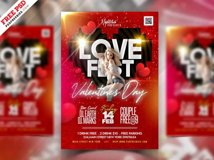 Valentine's Day Night Party Flyer PSD template with romantic design, perfect for festive events and promotions.