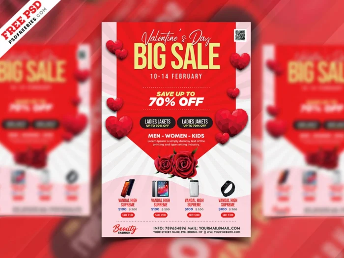 Valentine’s Day Sale PSD template with heart design, perfect for promotions and discounts.