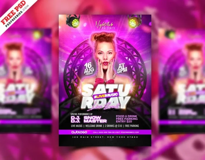 DJ Night Club Poster Template PSD for customizable, high-quality posters for music events, DJ nights, and club promotions.