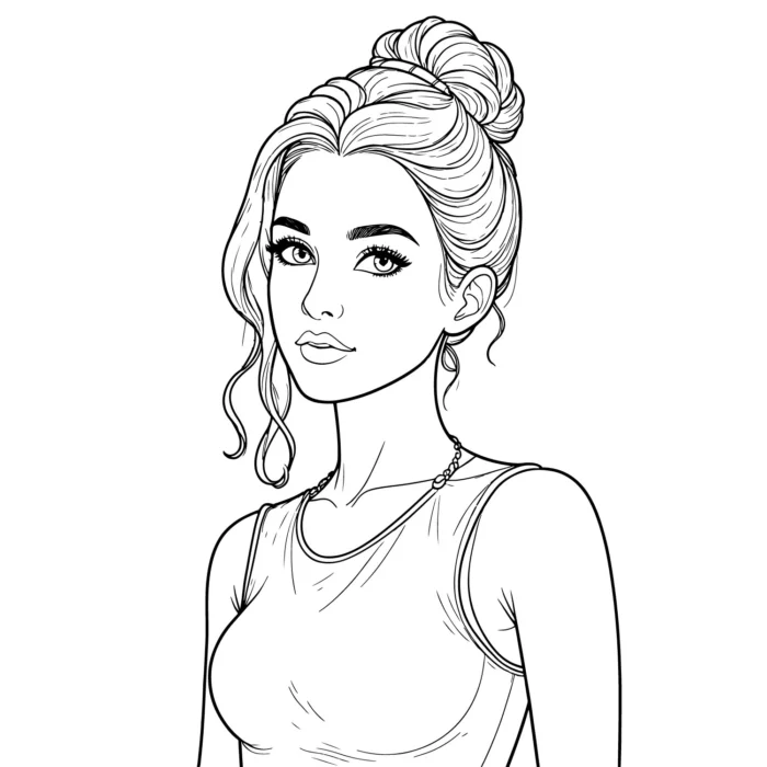 Minimalist line art of a woman with a bun hairstyle for elegant design projects.