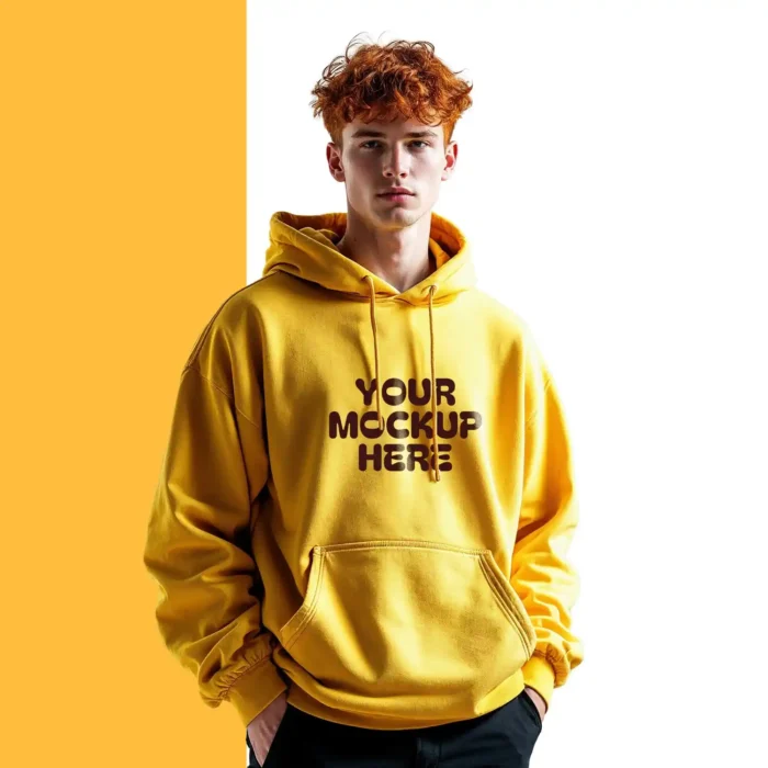 Male model wearing a vibrant yellow hoodie mockup, showcasing custom apparel designs.