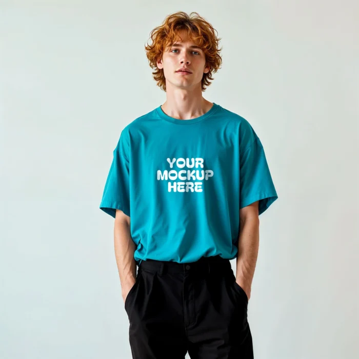 Oversized T-shirt mockup featuring a male model wearing a cyan design, perfect for fashion branding and presentations.