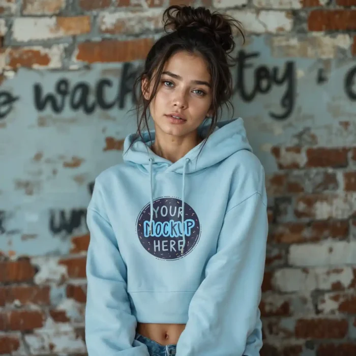 Jumper Hoodie Mockup featuring a stylish female model in an urban street-style background for design presentations.