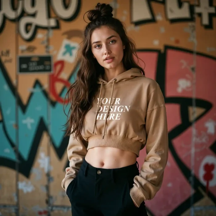 Ultra Cropped Hoodie Mockup featuring a stylish female model with editable design layers for fashion branding visuals.