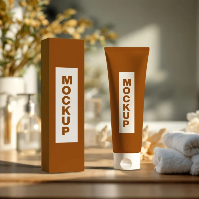 Realistic skincare packaging mockup featuring a box and tube design for professional branding presentations.