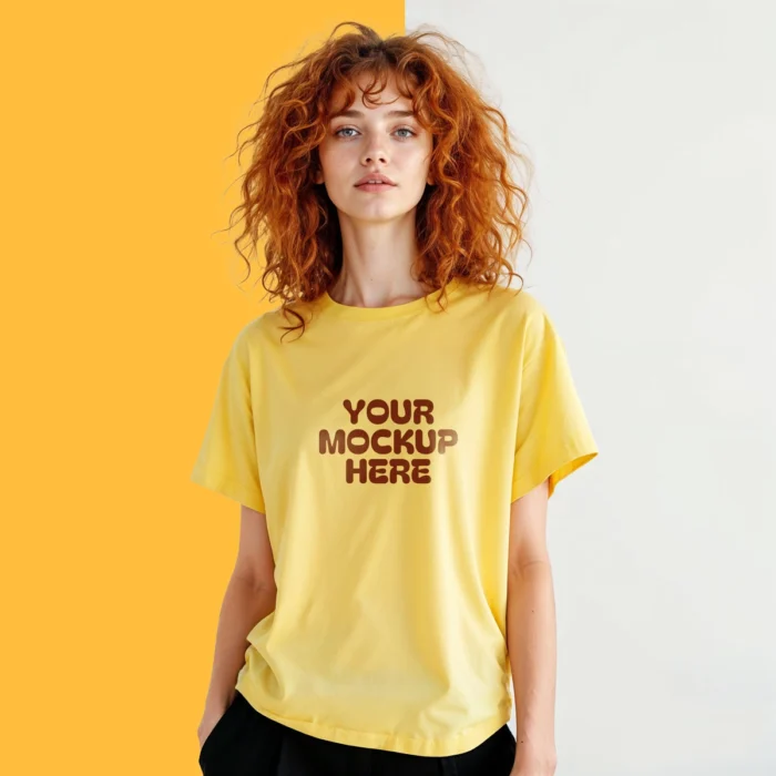Female model wearing a yellow oversized t-shirt mockup, showcasing customizable design.