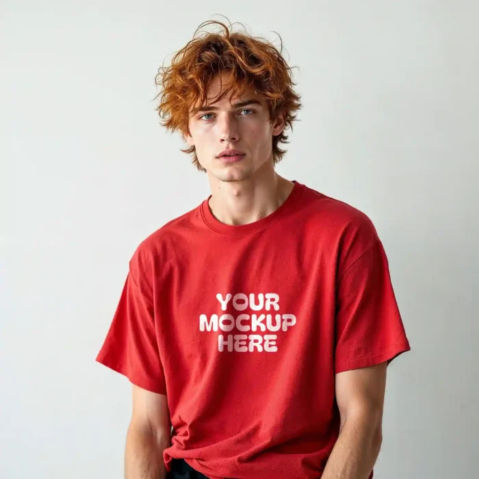 Male model wearing an oversized red t-shirt mockup, showcasing custom design with realistic fabric details.