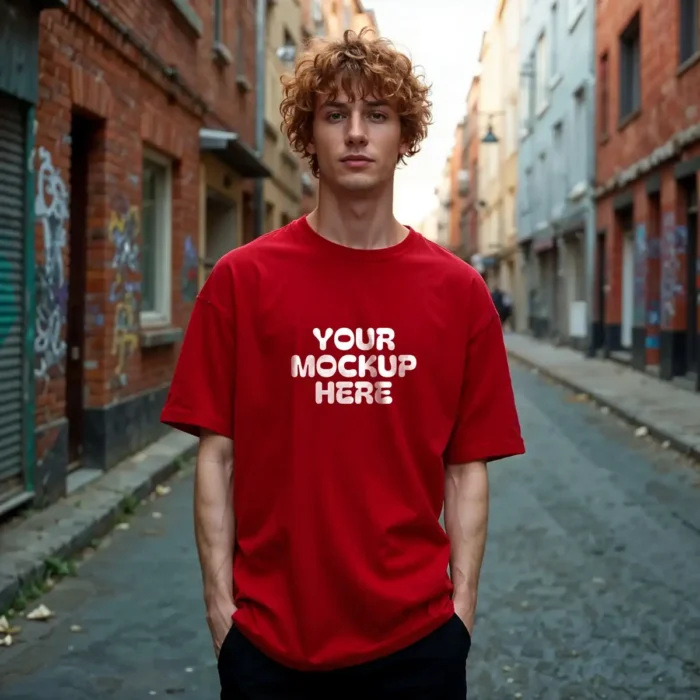 Red T-Shirt Mockup featuring a male model in a street-style outdoor setting, showcasing custom apparel designs.