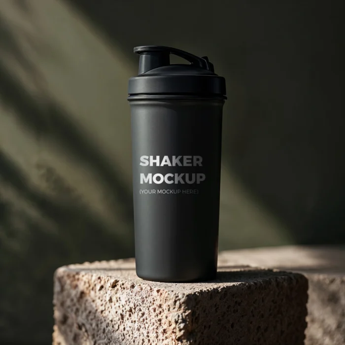 Black shaker mockup with editable label for fitness branding and supplement packaging design.