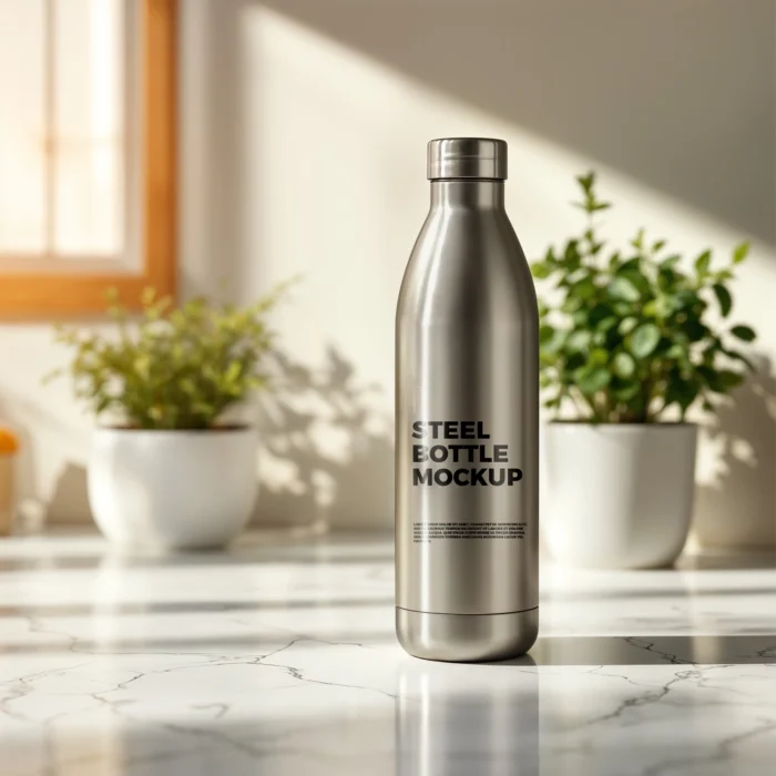 Steel Bottle Mockup with customizable label design for eco-friendly and premium packaging showcase.