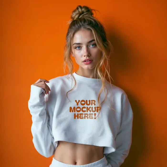 Cropped Jumper Mockup with realistic fabric textures and stylish female model for design presentations.