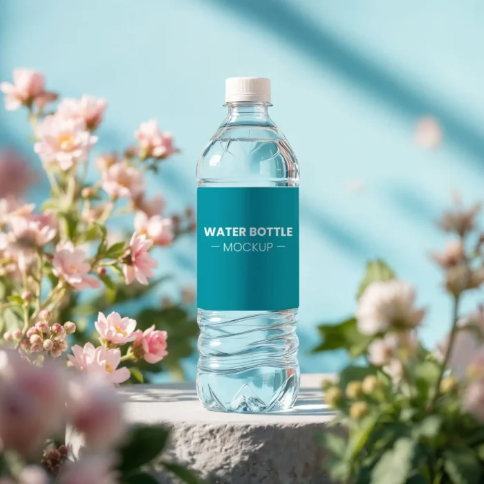 Realistic plastic water bottle mockup with editable label design for branding presentation