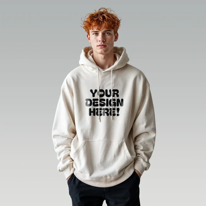 Male model wearing a white hoodie, showcasing design on a high-quality mockup with realistic details.