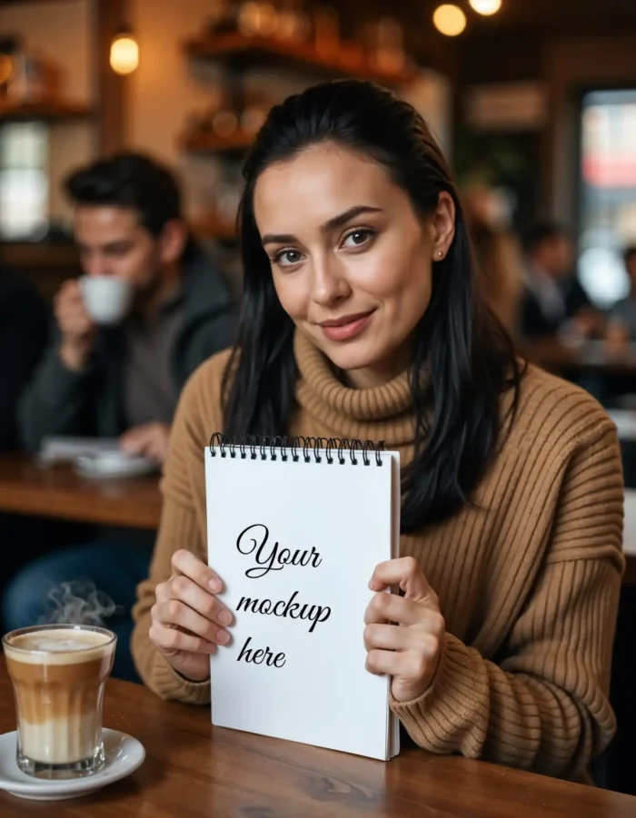 Woman holding a notebook mockup with customizable design for branding and artwork.