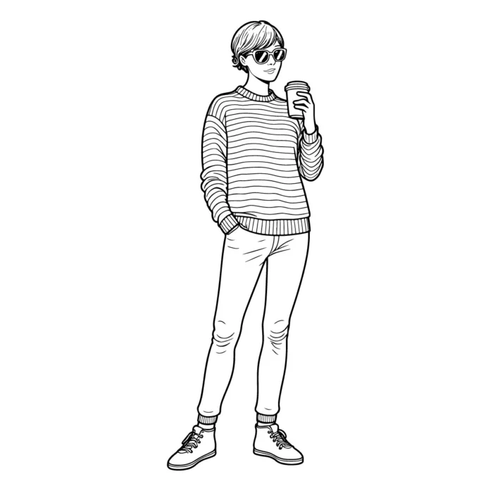 Elegant woman holding coffee cup line art, perfect for coffee branding. Editable AI & EPS.