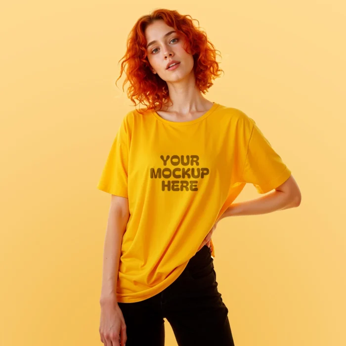 Yellow oversized t-shirt mockup featuring a stylish female model, perfect for showcasing apparel designs in a trendy, casual style.