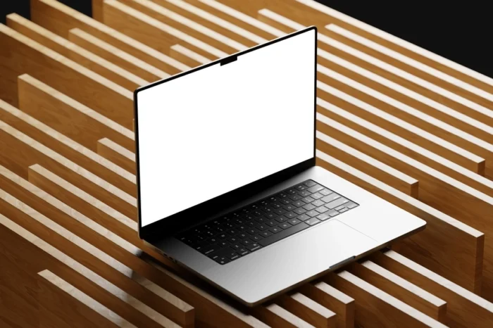 Free MacBook Pro Mockup on Wooden Surface