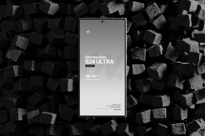 Free Galaxy S24 Ultra mockup on cube stones for app, UI, and branding design presentation.