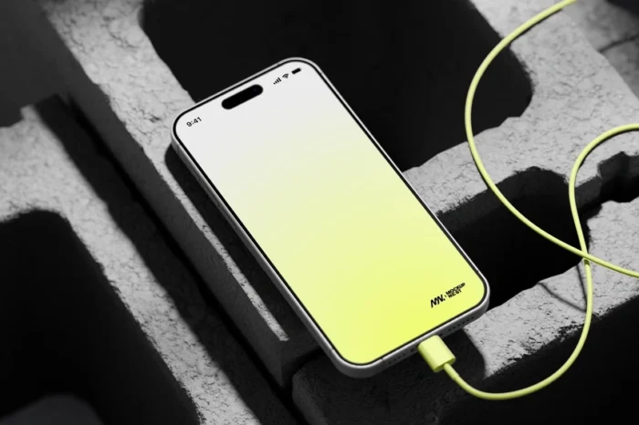 iPhone 15 Pro mockup on brick background showcasing app design and UI/UX project.